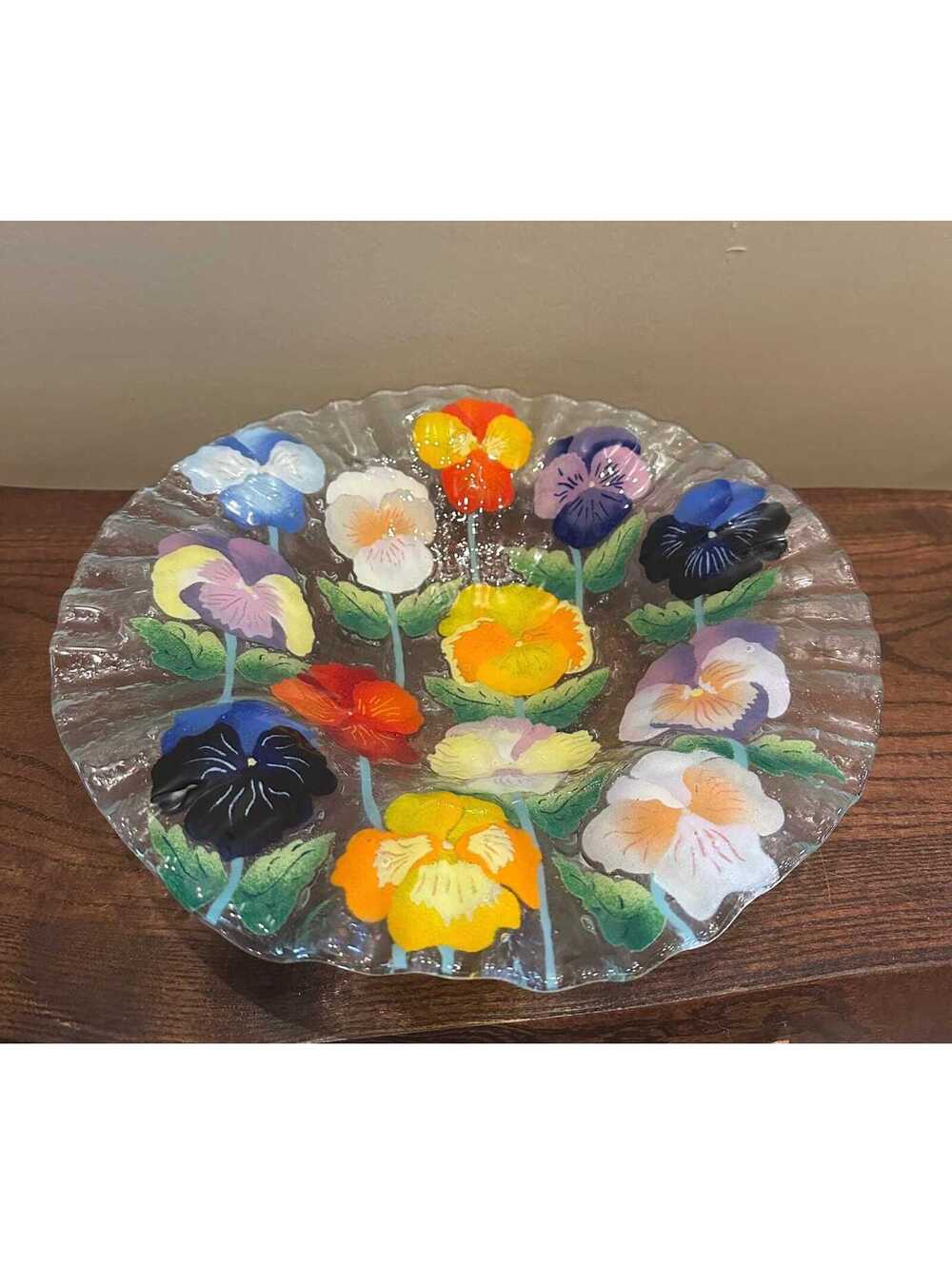Vintage "Pansy Passion" Fused Glass Ruffled Edge Bowl by  William McGrath